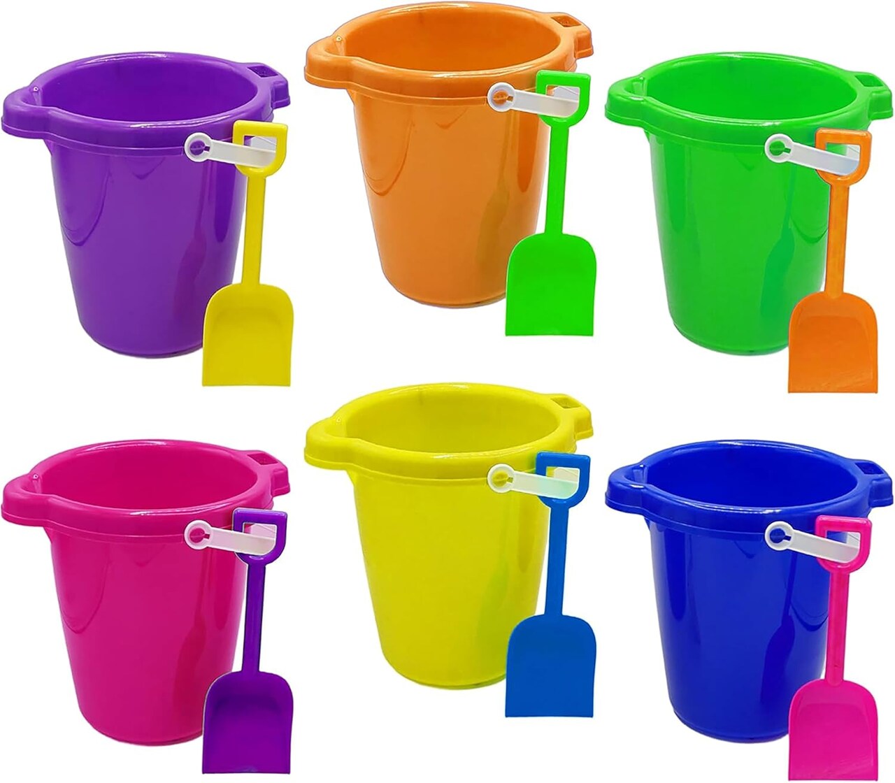 4E's Novelty 6 Pack Beach Buckets with Shovels Bulk – 7.5" Sand Buckets & Shovels for Sand & Outdoor Play